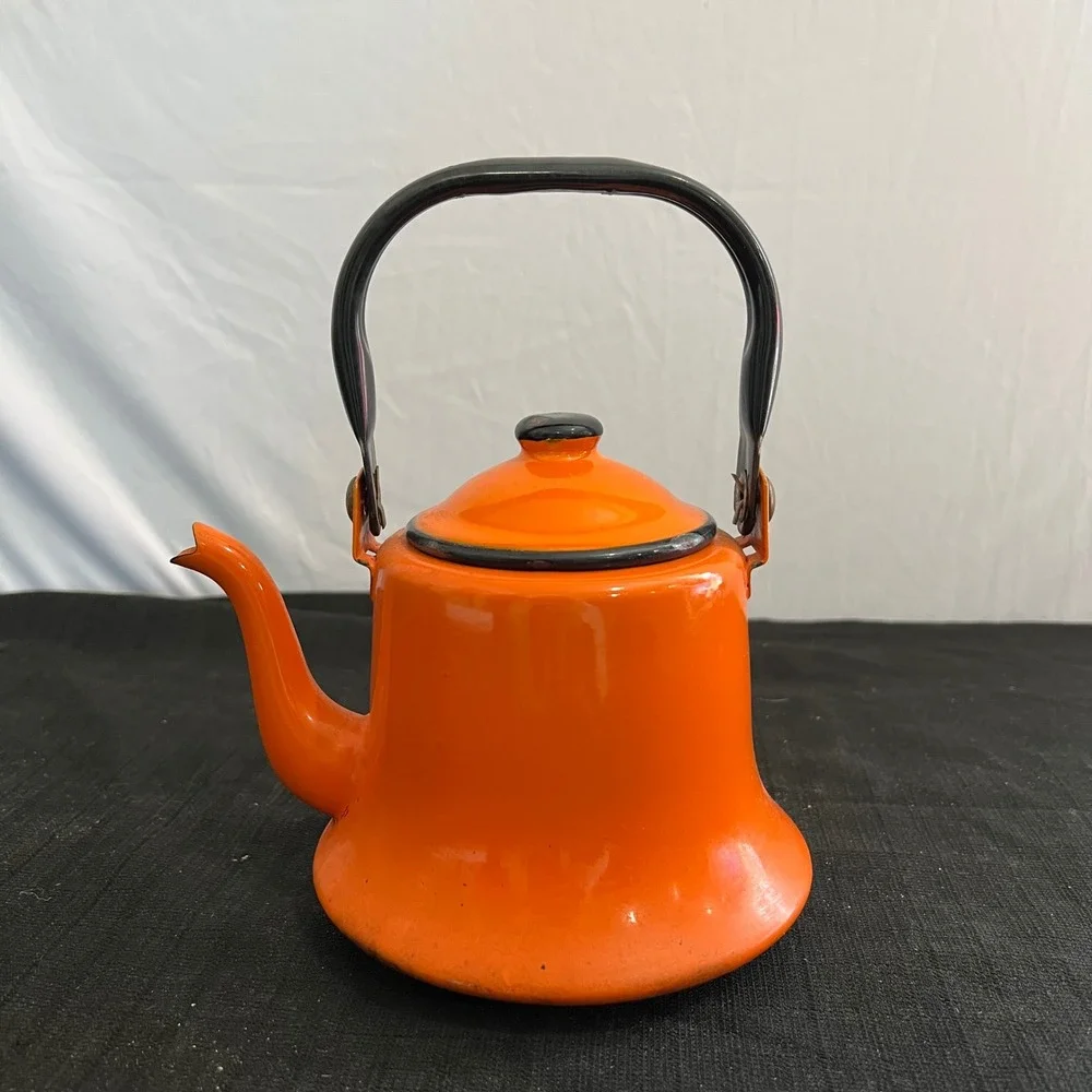 Vintage JCP Japan Orange Enamel‎ Tea Kettle Mid Century Modern Retro Bell Bottom